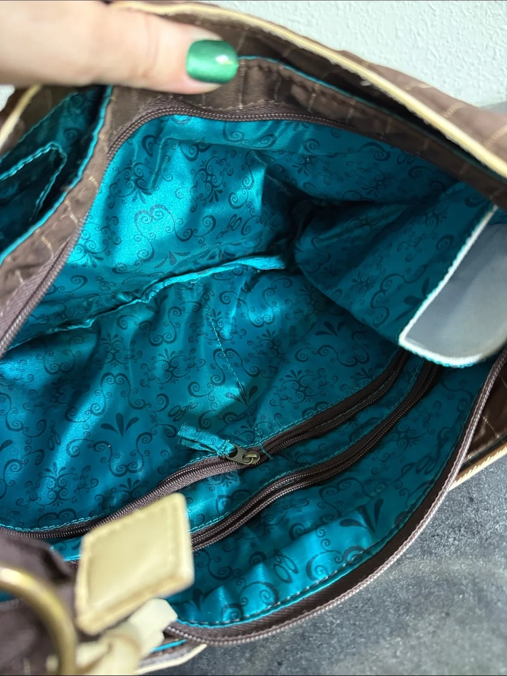 Brown Pinstripe Shoulder Bag with Teal Embroidery hobo bag by Ogio